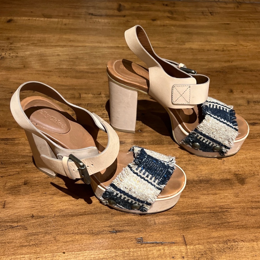 See By Chloe Tan leather W tan and navy canvas high heel platform sandals Sz 40